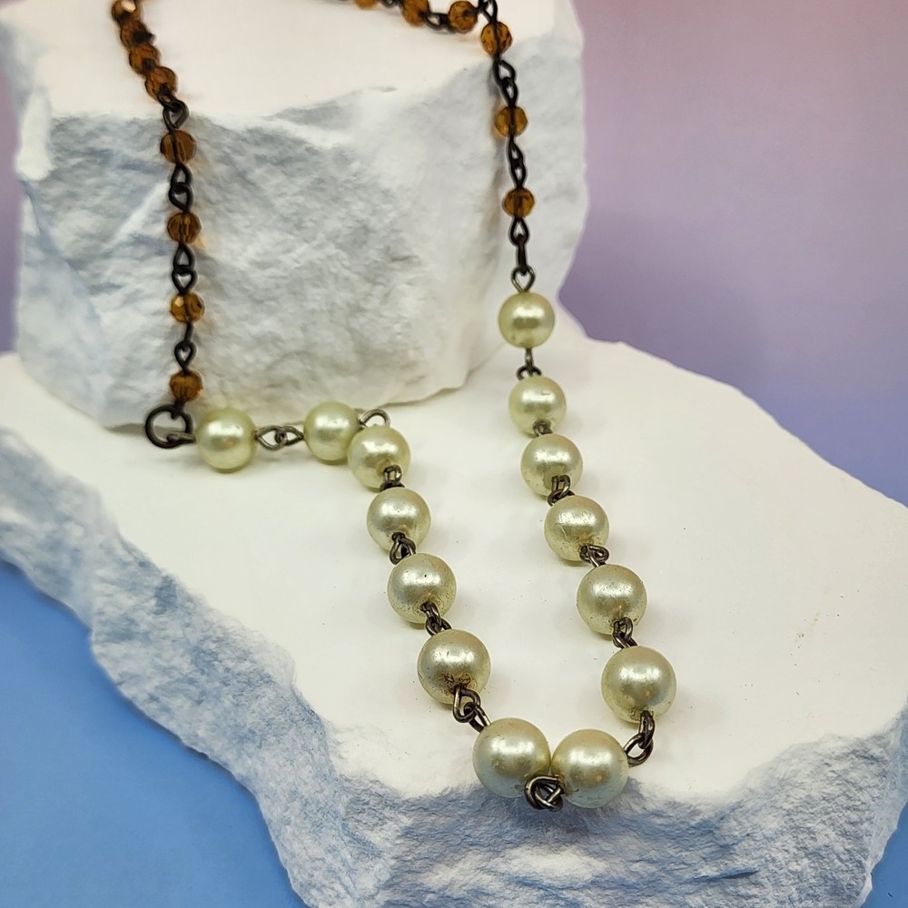 Vintage Faux Pearl Crystal Bead Necklace Amber & Bronze Tone Romantic Coquette